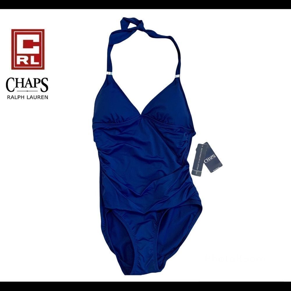 Chaps Ralph Lauren NWT ink blue one piece halter top slimming swimsuit size 8